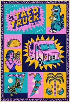 an image of a poster for the taco truck festival in florida, with images of people and animals