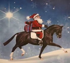 a painting of santa claus riding a horse in the snow with presents on his back