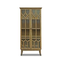 a wooden cabinet with glass doors on the front and bottom shelves, against a white background