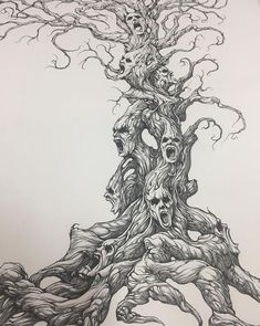 a drawing of a tree with skulls on it