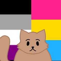 a cat sitting in front of a multicolored background with an expression on it's face