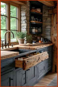 a kitchen with wooden cabinets and an open window above the sink is shown in this image