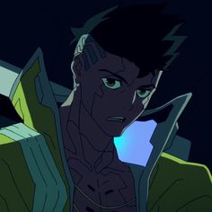 an anime character with black hair and green eyes looking at the camera while standing in front of a dark background