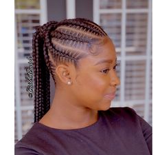 Low Ponytail Cornrow Braids, Corn Roll Ponytail Hairstyles, Low Cornrow Ponytail, Feeder Ponytail Braids, Corn Row Ponytail, Braided Up Ponytail Black Women, Cornrow Ponytail Hairstyles Black Women, Ponytail Braids For Black Women