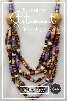 Buy stunning statement jewelry that won't break the bank. Handmade paper bead jewelry elevates your everyday look. Buy a chunky layering necklace, a colorful stack of bracelets, or simple drop earrings. Buy today. FREE SHIPPING #fashionaccessoriesjewelry #statementnecklaceboho Paper Bead Necklace, Mixed Beads Necklace, Creative Necklace, Paper Beads Necklace, Bold Statement Jewelry, Boho Statement Necklace, Necklace Stack, Multi Strand Beaded Necklace, Stack Bracelet