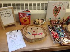 a wooden table topped with lots of crafting items next to a sign that says, how are you getting today?