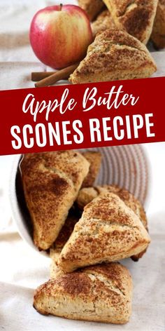 apple butter scones in a bowl with cinnamon sticks and an apple on the side