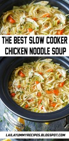 the best slow cooker chicken noodle soup is in this crock pot and it's ready to be eaten