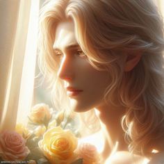 a painting of a woman with blonde hair and flowers in front of a window sill