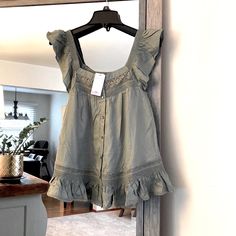 Hi There! I Am Selling This Lascana, 2, Boho Ruffle Sleeve Flare Fit Top, Sustainably Made, Quality & Nwt! Bohemian Sleeveless Top With Ruffle Hem, Sleeveless Bohemian Top With Ruffle Hem, Green Ruffled Tops For Daywear, Tailored Sportsman, Party Tank Top, Cream White Color, Cotton Bralette, Yellow Tank Top, Purple Tank Top