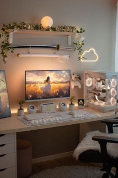 a desk with a computer monitor and keyboard on it