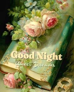 good night greeting card with roses and an open book