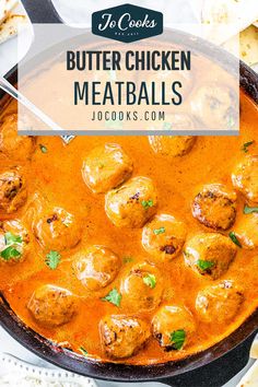 a skillet filled with butter chicken meatballs