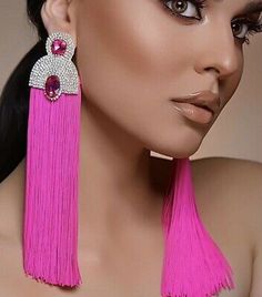 Trendy Pink Dangle Tassel Earrings, Trendy Pink Tassel Earrings, Trendy Party Tassel Earrings, Tassel Drop Earrings For Evening, Elegant Pink Tassel Earrings, Party Latkan Tassel Drop Earrings, Trendy Fringe Earrings As A Gift, Pink Fringe Tassel Dangle Earrings, Trendy Pink Tassel Earrings For Party