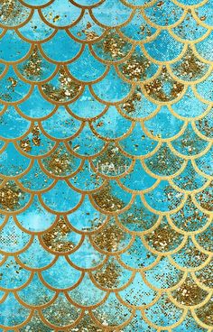 a blue and gold background with fish scales