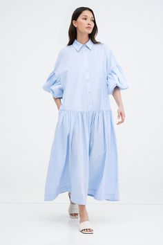 #Light Blue Spring Oversized Cotton Midi Dress, Oversized Cotton Midi Dress For Spring, Cotton Smock Midi Dress, Oversized Pleated Spring Dress, Cotton Smock Midi Dress For Daywear, Cotton Pleated Maxi Dress For Daywear, Smocked Relaxed Fit Midi Dress, Spring Dresses With Cuffed Sleeves For Daywear, Relaxed Fit Cotton Midi Dress With Collar