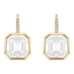 These beautiful earrings in a 9 x 9 mm Asscher cut, which is a blend of the princess and emerald cuts with X-shaped facets from its corners to its center culet, are made in Moon Quartz which is from the Quartz family. They are set on wire with 4 Diamonds in 18K Gold. These earrings are perfect for an everyday look and can be carried to a night out. * Gemstone: 100% Earth Mined * Approx. gemstone Weight: 5.85 Carats (Moon Quartz) * 100% Natural Earth-Mined Diamonds * Carat: Approx: 0.09 Carats (D Moon Quartz, Quartz Colors, Asscher Cut, Quartz Earrings, Gold Earrings Dangle, Wire Earrings, The Princess, Emerald Cut, Beautiful Earrings