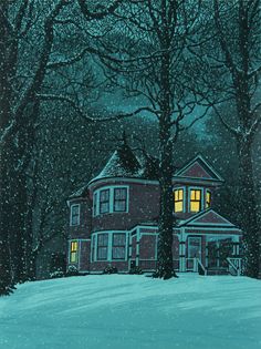 a painting of a house in the snow