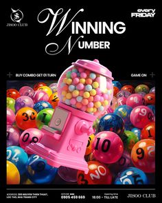 the winning number game is being played in front of many colorful balls and gumballs