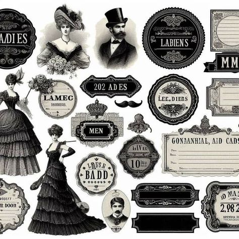 Aesthetic Stickers Printable Vintage Black And White, Gothic Stickers Printable, Vintage Stickers Printables Retro, Vintage Design For Scrapbook, Tickets Stickers, Gothic History, Notebook Craft, Steampunk Mixed Media Art, Victorian Stickers