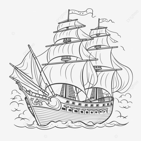 Ship In The Ocean, Pirate Ship Drawing, Drawing Ocean, Ship Sketch, Polish Tattoos, Ocean Coloring Pages, Ocean Drawing, Old Sailing Ships, Logo Cloud