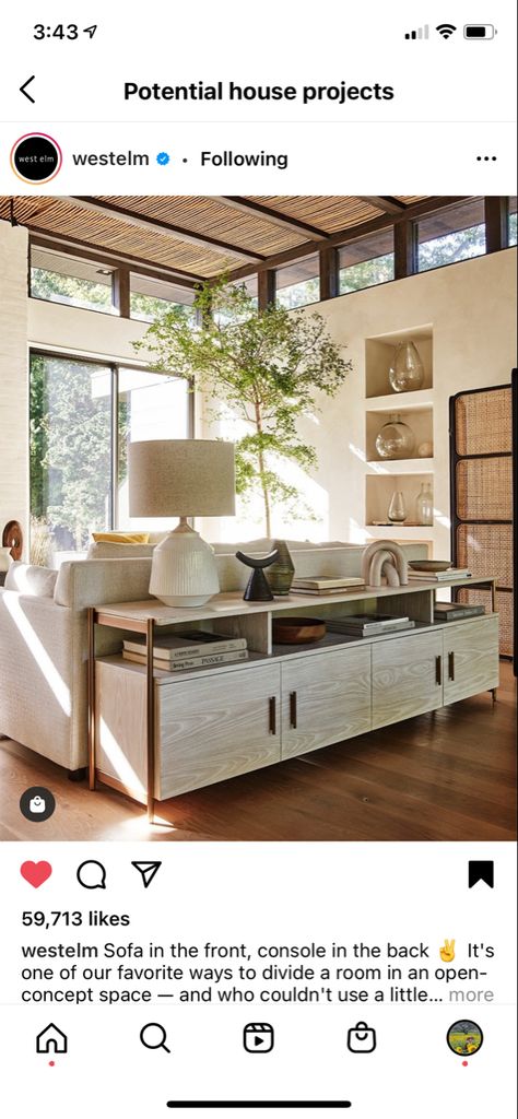 Credenza behind couch Ways To Divide A Room, Table Behind Couch, Behind Couch, Media Consoles, Oversized Furniture, Media Console, Key Details, Ceramic Table Lamps, A Living Room