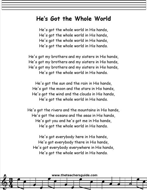 he's got the whole world in his hands lyrics printout Christian Nursery Rhymes, He’s Got The Whole World In His Hands Song, Bible Nursery Rhymes, He Got The Whole World In His Hands, Christian Preschool Songs, Bible Songs For Preschoolers, He's Got The Whole World In His Hands, Preschool Bible Songs, Baby Lullaby Lyrics