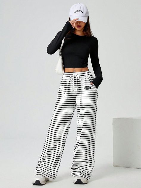 Black And White Striped Knitted Women's Trousers Trousers White, Knitted Poncho, Knit Tunic, Knit Outfit, Knit Skirt, White Casual, Women's Trousers, Straight Leg Pants, Knitted Pullover