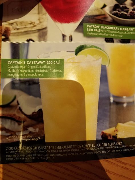 Chili’s Captain Castaway Drink Captain's Castaway Drink Recipe, Fruity Mixed Drinks, Malibu Coconut, Main Food, Mix Drinks, Happy Drink, Tasty Drinks, Alcohol Drinks, Coconut Rum