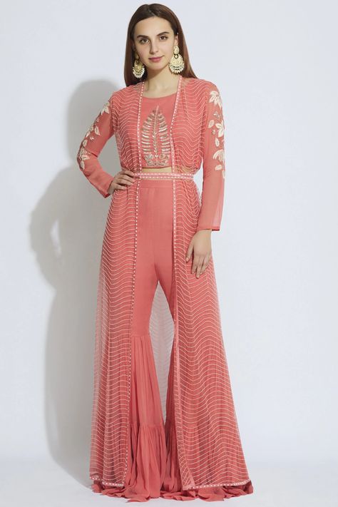 Sharara Suit With Jacket, Jacket Sharara Suit, Crop Top With Sharara And Shrug, Crop Top Sharara Set With Jacket, Ethnic Jumpsuit, Jacket Sharara, Haldi Outfit, Trendy Outfits Indian, Modest Dresses Fashion