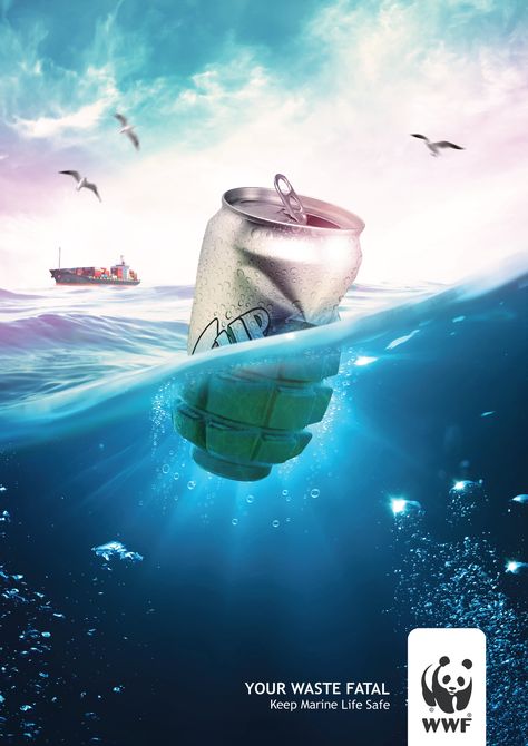 WWF Print Advert By : Pollution of the Seawater, 2 | Ads of the World™ Pollution Campaign, Save The Ocean, Marine Pollution, Ocean Pollution, Water Pictures, Creative Advertising Campaign, Publicidad Creativa, Water Pollution, Art Poster Design