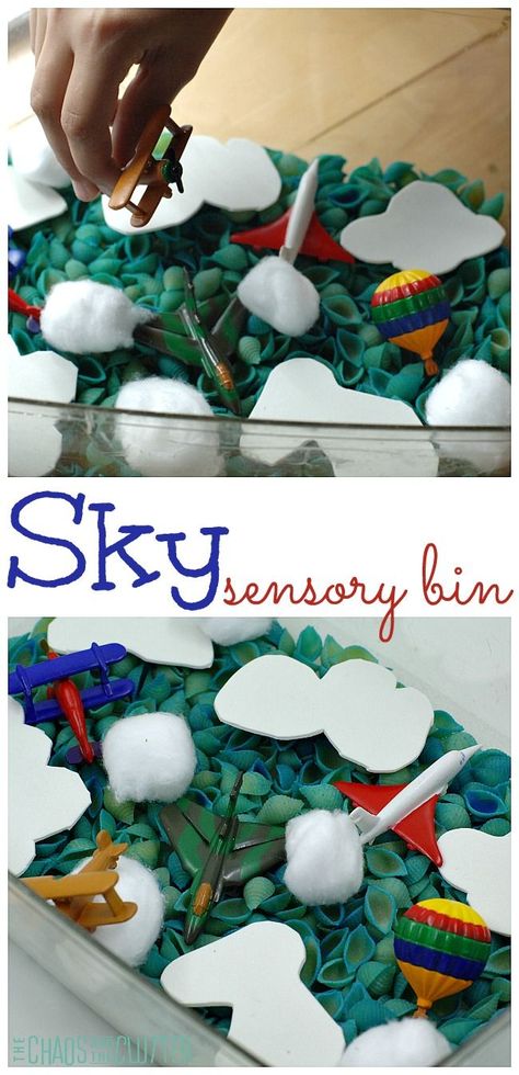 This Sky sensory bin is perfect for flight units or for kids who want to explore and use their imaginations. Sky Sensory Bin, Class Room Door, Room Door Ideas, Sensory Play Recipes, Toddler Sensory Bins, Preschool Weather, Sensory Tubs, Weather Crafts, Transportation Preschool