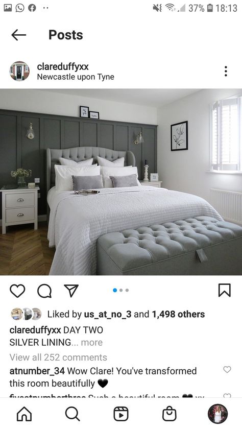 Bedroom Panelling Grey Headboard, White Panel Wall Bedroom, Dark Grey Bedroom Panneling, Grey Panelled Bedroom, Dark Grey Panelled Bedroom, Dark Grey Panelling Bedroom, Panelled Walls Bedroom Headboards, Grey Bedroom Panelling, Grey Panelling Bedroom