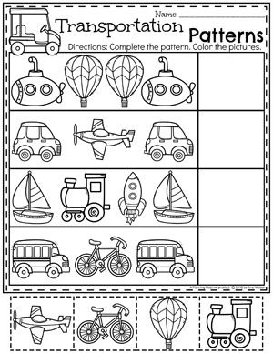 Preschool Patterns Worksheets - Transportation Theme Transportation Patterns, Preschool Pattern Worksheets, Kindergarten Transportation, Transportation Preschool Activities, Transportation Theme Preschool, Preschool Patterns, Transportation Worksheet, Pre K Worksheets, Transportation Unit