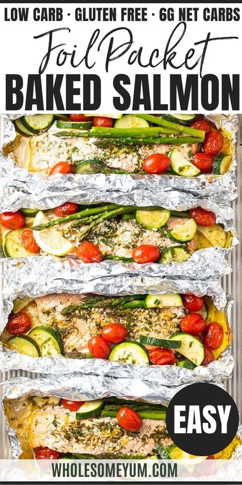 Baked Salmon Foil Packets With Vegetables Recipe - Healthy salmon foil packets with vegetables in 25 minutes! Make delicious & EASY baked salmon foil packets in the oven or salmon foil packets on the grill. #wholesomeyum #keto #lowcarb #dinner #easyrecipe Salmon Foil Packets Oven Asparagus, Salmon Foil Packs In Oven, Salmon Pocket Recipes, Oven Packet Meals, Salmon Tin Foil Packet, Salmon Tin Foil Dinner, Salmon In Aluminum Foil, Salmon Hobo Dinner Foil Packets, Baked Fish Recipes Healthy Foil Packets