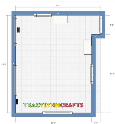 Craft Room Organization - Stage 1 - The Starting Point - Tracy Lynn Crafts Craft Room Layout Ideas Floor Plans, Craft Room Floor Plan, Craft Room Layout, She Shed Craft Room, Small Room Layouts, Craft Room Organization Storage, Office Craft Room Combo, Scrapbooking Room, Functional Crafts