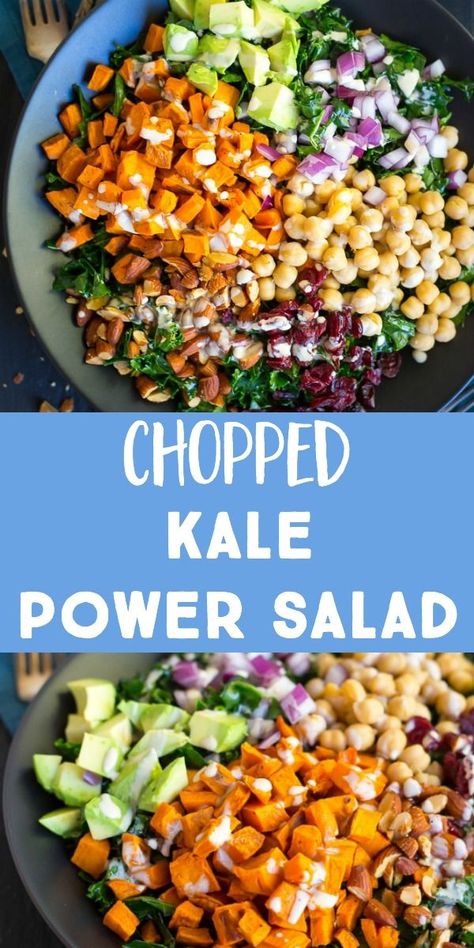 This Chopped Kale Power Salad with Lemon Tahini Dressing has everything you need! It's filing, healthy and delicious and is really great for meal prep! It's packed with tons of vegetables and protein and will really fill you up! You can enjoy it as a lunch, dinner or a side dish! #powersalad #vegan #vegetarian #salad #healthy #mealprep Kale Power Salad, Tahini Dressing Recipe, Chopped Kale, Power Salad, Prep Lunch, Lemon Tahini Dressing, Salad With Lemon, Idee Pasto, Tahini Dressing