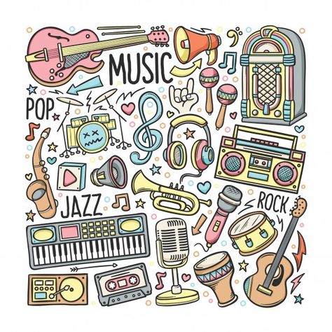 Hand drawn set of music in doodles color | Premium Vector #Freepik #vector #music #hand #cartoon #hand-drawn Music Notes Drawing, Music Doodle, Chalk Ideas, Note Doodles, Music Drawings, Music Illustration, Doodles Drawings, Cartoon Gift, Doodle Coloring