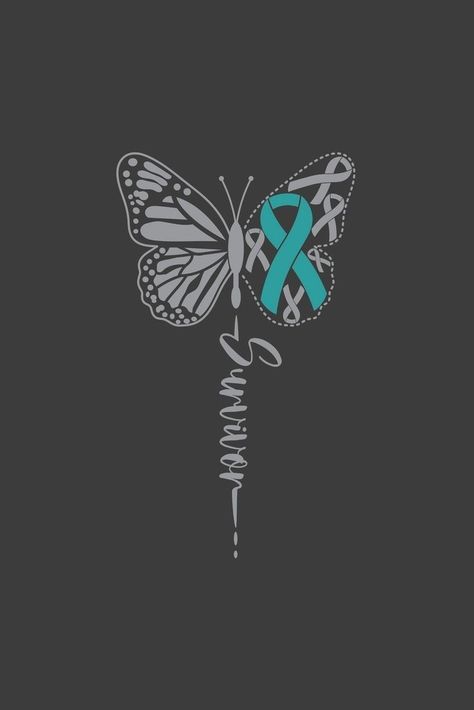 Butterfly Survivor Tattoo, Teal Ribbon Tattoo Ideas, Butterfly With Ribbon Tattoo, Alopecia Awareness Tattoo, Survivor Tattoos Strength Women, Ribbon Tattoos Awareness, Tbi Tattoo Ideas, Thyroid Tattoo Ideas, Kidney Tattoo Design