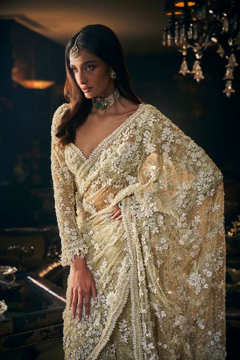 Seema Gujral Official Website | Designer Indian Couture Sage Green Saree, Pearl Tassels, Seema Gujral, Reception Saree, Punjabi Fashion, Elegant Outfit Classy, Indian Dresses Traditional, Green Saree, Indian Bridal Outfits