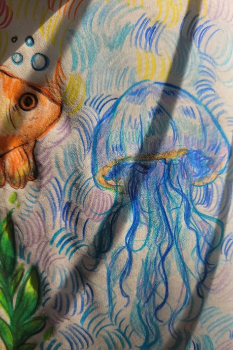 Sketch, jellyfish sketch, drawing, colored pencil Coloured Pencil Jellyfish, Jelly Fish Color Pencil Drawing, Jellyfish Pencil Drawing, Colored Pencil Doodles Aesthetic, Pencil Crayon Art Drawings, Jellyfish Drawing Colored Pencil, Jellyfish Drawing Pencil, Jellyfish Colored Pencil, Coloured Pencil Sketches