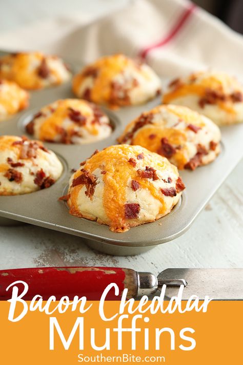 These super easy Bacon Cheddar Muffins are the perfect complement to nearly any meal!   via @southernbite Bacon Cheddar Muffins, Herb Rolls, Cheddar Muffins, Bacon Muffins, Breakfast Pizza Recipe, Cut Recipe, Easy Bacon, Barbecue Restaurant, Cheese Biscuits