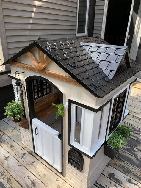 Playhouse Outdoor Makeover, Makeover Playhouse, Play House Outdoor, Plastic Playhouse Makeover, Little Tikes Playhouse Makeover, Kids Playhouse Makeover, Diy Playhouse Makeover, Playhouse Remodel, Playhouse Decor