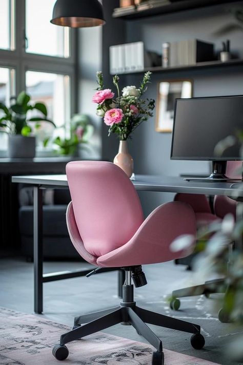 Chic Pink and Grey Office Ideas for Your Workspace Pink And Grey Office Ideas, Pink And Grey Office, Grey Office Ideas, Home Office Pink, Grey Office Decor, Pink Office Decor, White Office Decor, Black And White Office, Grey Office