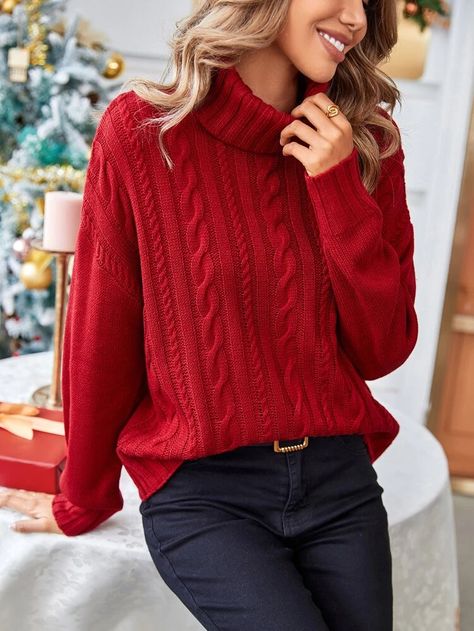 Winter Pullover Outfits, Red Sweater Outfit, Winter Sweater Outfits, Casual Turtleneck, Drop Shoulder Sweater, Cable Knit Turtleneck Sweater, Buy Sweaters, Pullover Outfit, Women Sweaters