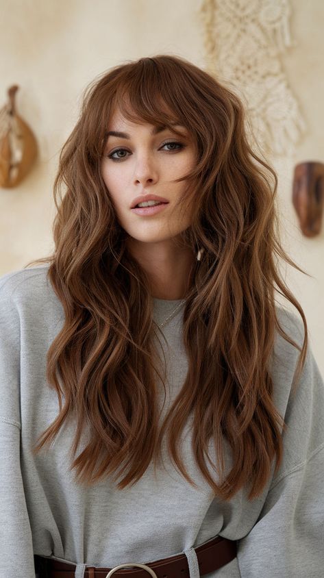 Embrace your natural waves with curtain bangs! This style brings out the texture in wavy hair and frames the face beautifully. #CurtainBangsWavyHair #CurtainBangsHairstyles #CurtainBangs