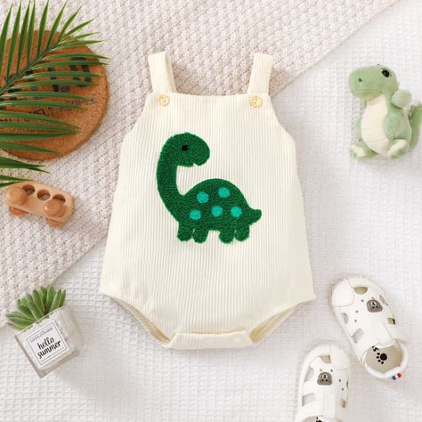 BB Trends Vol.1 Embroidered Dinosaur, White Overalls, Bodysuit Jumpsuit, Newborn Onesies, Cute Turtles, Turtle Design, Short Sleeve Romper, Cute Dinosaur, Sleeveless Rompers