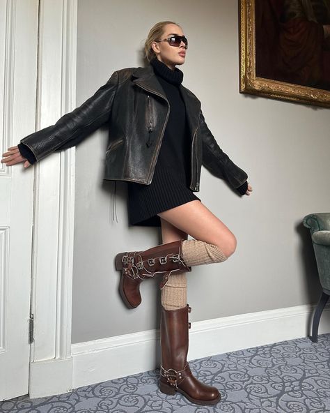 How to style the Miu Miu multi buckle biker boots Miu Miu Boots Outfit Winter, Miu Miu Moto Boots, Miu Miu Buckle Boots, Miu Miu Biker Boots Outfit, Miumiu Boots Outfit, Brown Buckle Boots Outfit, Miu Miu Biker Boots, Miu Miu Boots Outfit, Brown Biker Boots Outfit