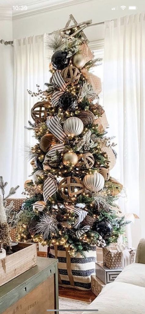 Gray And Gold Christmas Tree, Black White Brown Green Christmas Tree, Pencil Xmas Tree Decor, Earth Toned Christmas Tree, Brown And Beige Christmas Tree Decor, Big Christmas Tree Decoration, Mocha Christmas Tree, Black Brown Christmas Tree, Houndstooth Christmas Tree