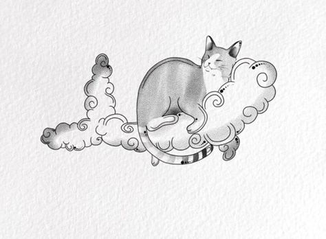 Cat Cloud Tattoo, Cat And Cloud, Cloud Tattoo, Cloud Art, Body Modification, Cat Sleeping, Cat Sitting, Tattoo Inspo, Cat Tattoo